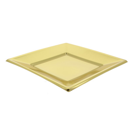 Prato Raso Quadrado de Plastico Ouro 230mm (25 Uds)