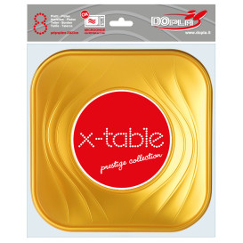 Prato Plastico "X-Table" Quadrado Raso Ouro PP 230mm (8 Unidades)