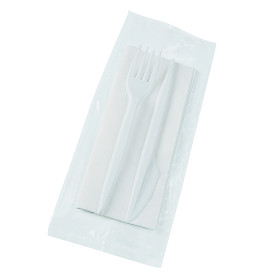 Conjunto Garfo, Faca e Guardanapos Branco (25 Uds)