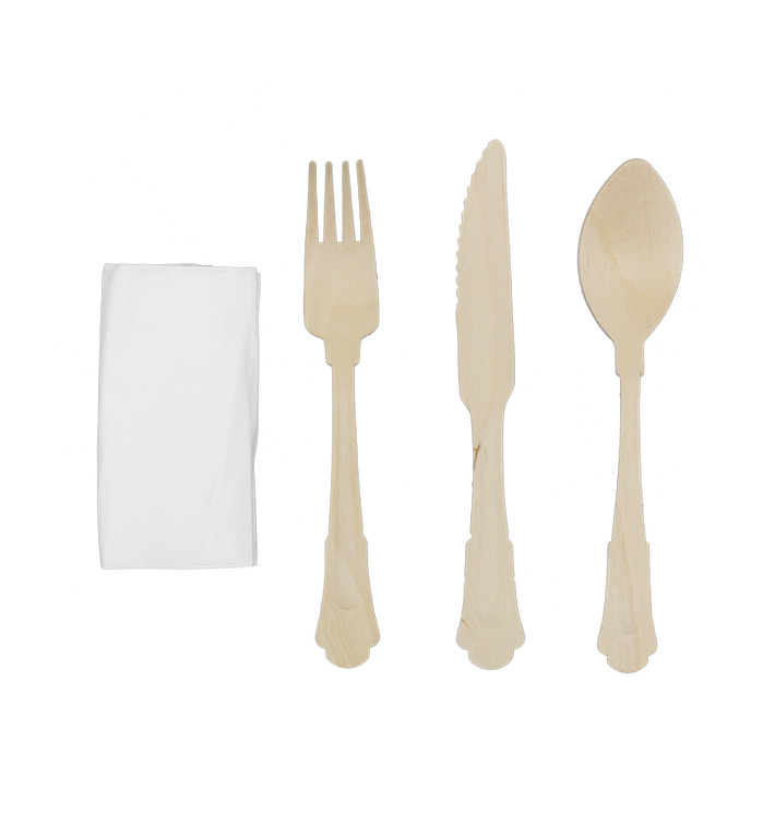 Set de Garfo, Faca, Colher e Guardanapo “Classic” Madeira 20cm (25 Uds)