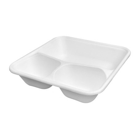 Tabuleiro de Cana-de-açúcar Branco 3C 23x23x5,5cm (200 Uds)