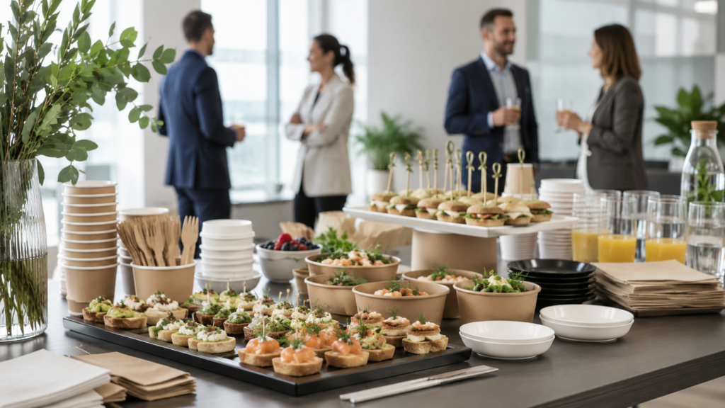Catering corporativo con menaje para reuniones y eventos de empresa