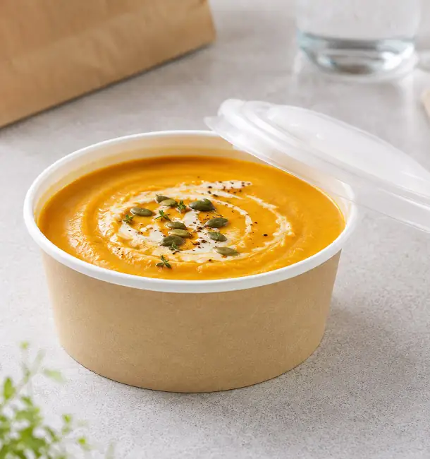 sopa de abóbora numa embalagem de cartão