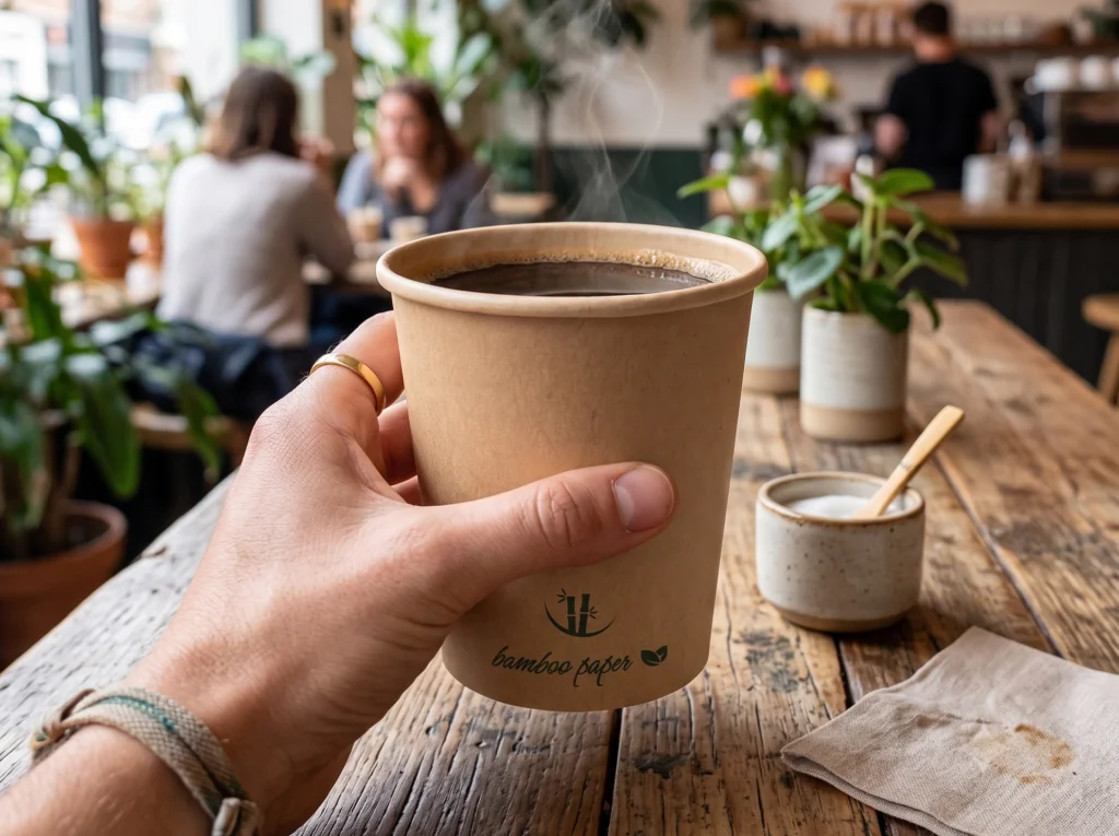 Novo copo de cartão de bambu Monouso®: inovação, resistência e elegância para bebidas quentes ☕
