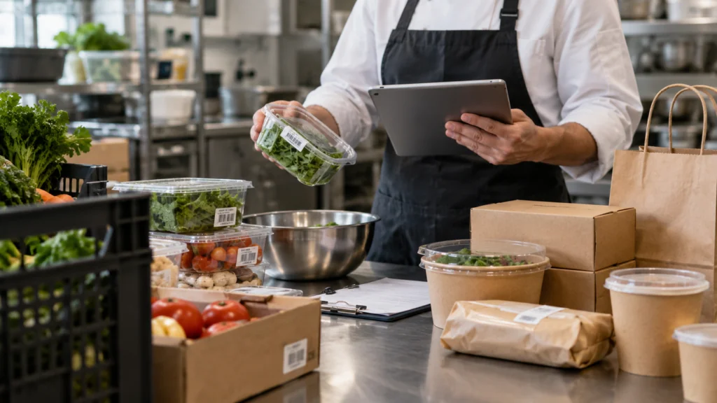 Profissional controla produtos e registos para gerir os tipos de rastreabilidade alimentar num restaurante